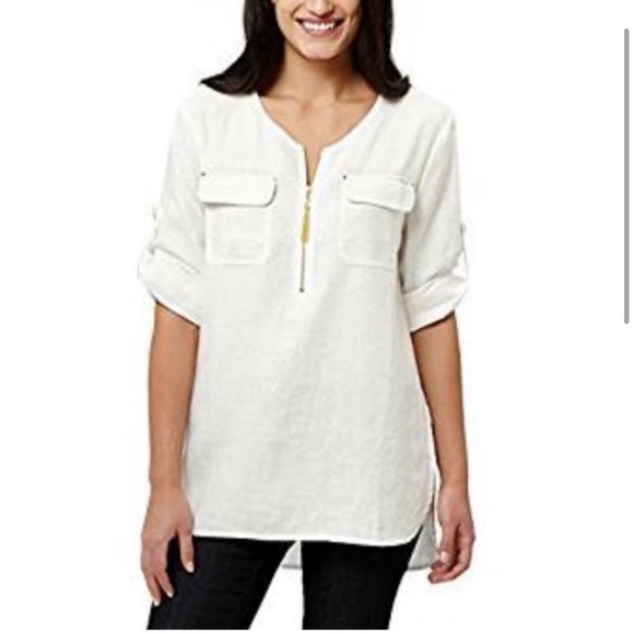 Ellen Tracy Tops - Company, Ellen Tracey Linen Roll Up Sleeve, Chalk Color, Size Medium